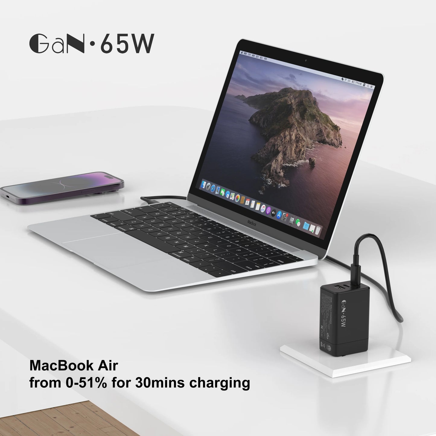 65W USB C Charger 3 Ports Travel GaN Charger With 6.6FT Type C Cable For iPhone 16 15 15 Pro 15 Pro Max 15 Plus iPad Laptop