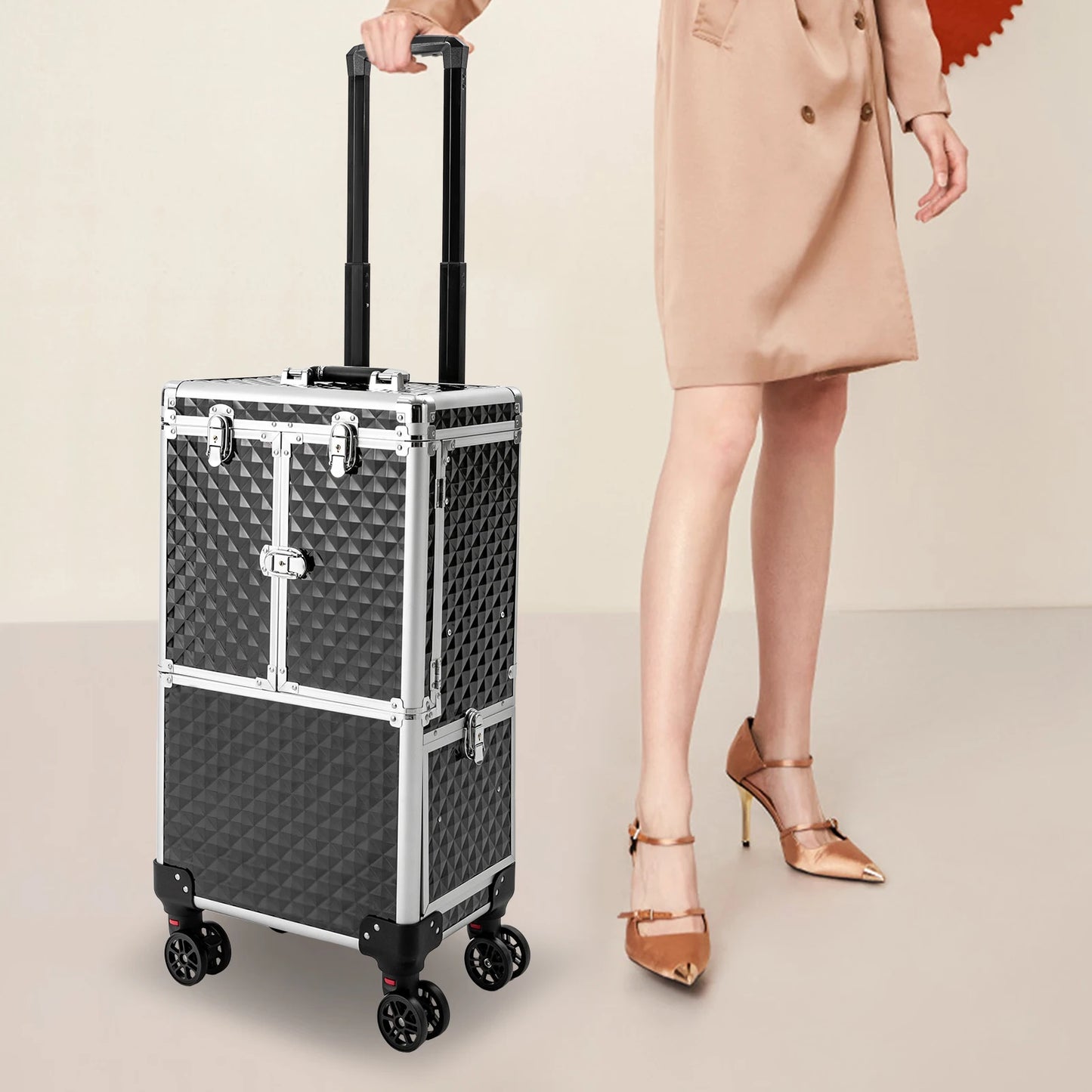 Portable Rolling Makeup Case with Adjustable Trolley Bar Sturdy Hinges Spacious Storage Ideal for Beauty Professionals