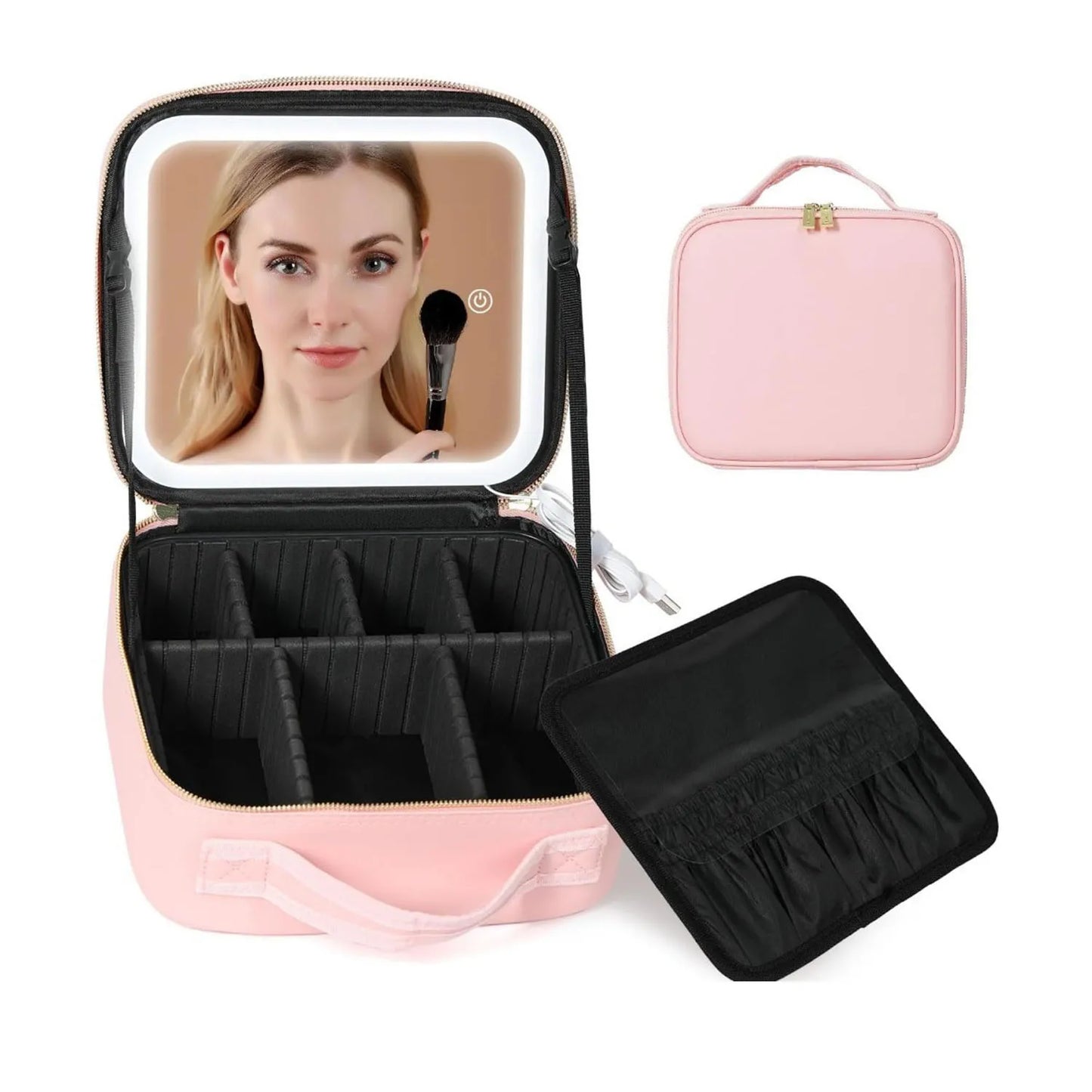 Travel Makeup Bag With LED Lighted Mirror Makeup Train Case With Adjustable Dividers For Home Gift Vacation