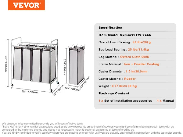 Vevor 3/4 Section Laundry Sorter Cart With Ironing Board Rolling Laundry Hamper For Clothes Storage