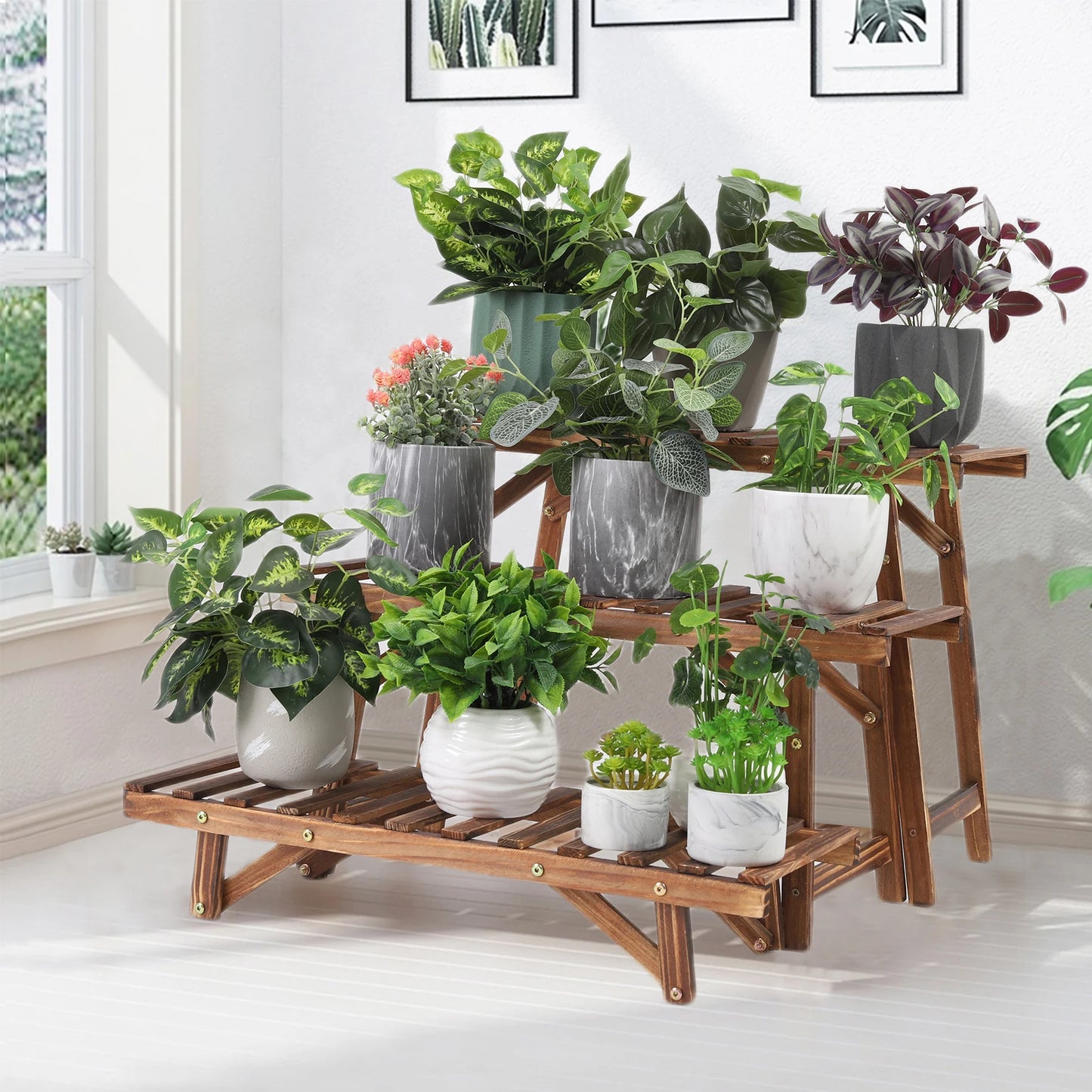 3 Tier Freestanding Ladder Shelf Wood Plant Stand Indoor Outdoor Display Rack Flower Pot Holder Planter Organizer