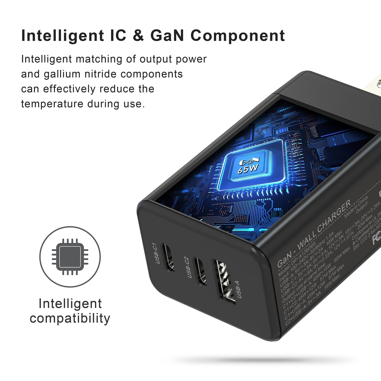 65W USB C Charger 3 Ports Travel GaN Charger With 6.6FT Type C Cable For iPhone 16 15 15 Pro 15 Pro Max 15 Plus iPad Laptop