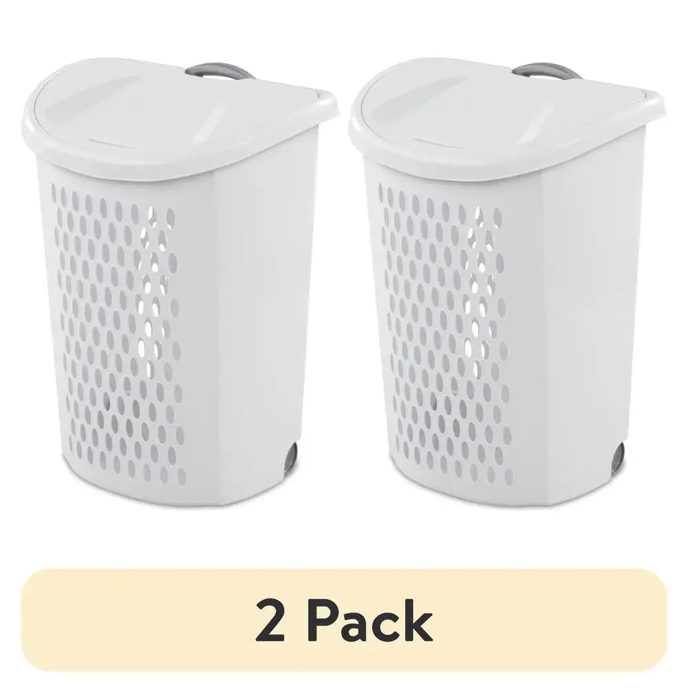 Set of 2 Ultra Wheeled Laundry Hampers White Plastic 20x15x26 Storage Solution with Easy Grip Handles and Flip Top