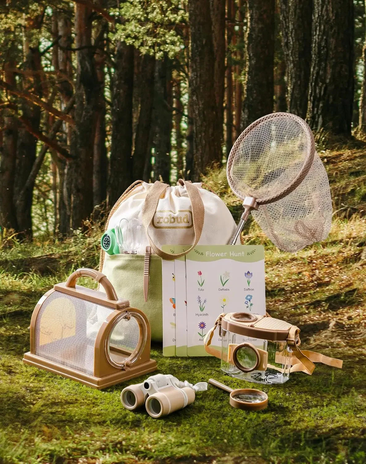 Robud Upgraded Kids Explorer Kit Green Outdoor Exploration Set for Camping Montessori Toy for Kids WRP30
