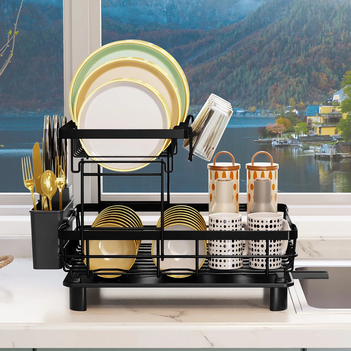 Dish Drying Rack 2 Tier Stainless Steel Dish Racks for Kitchen Counter Large Capacity with Removable Utensil Holder