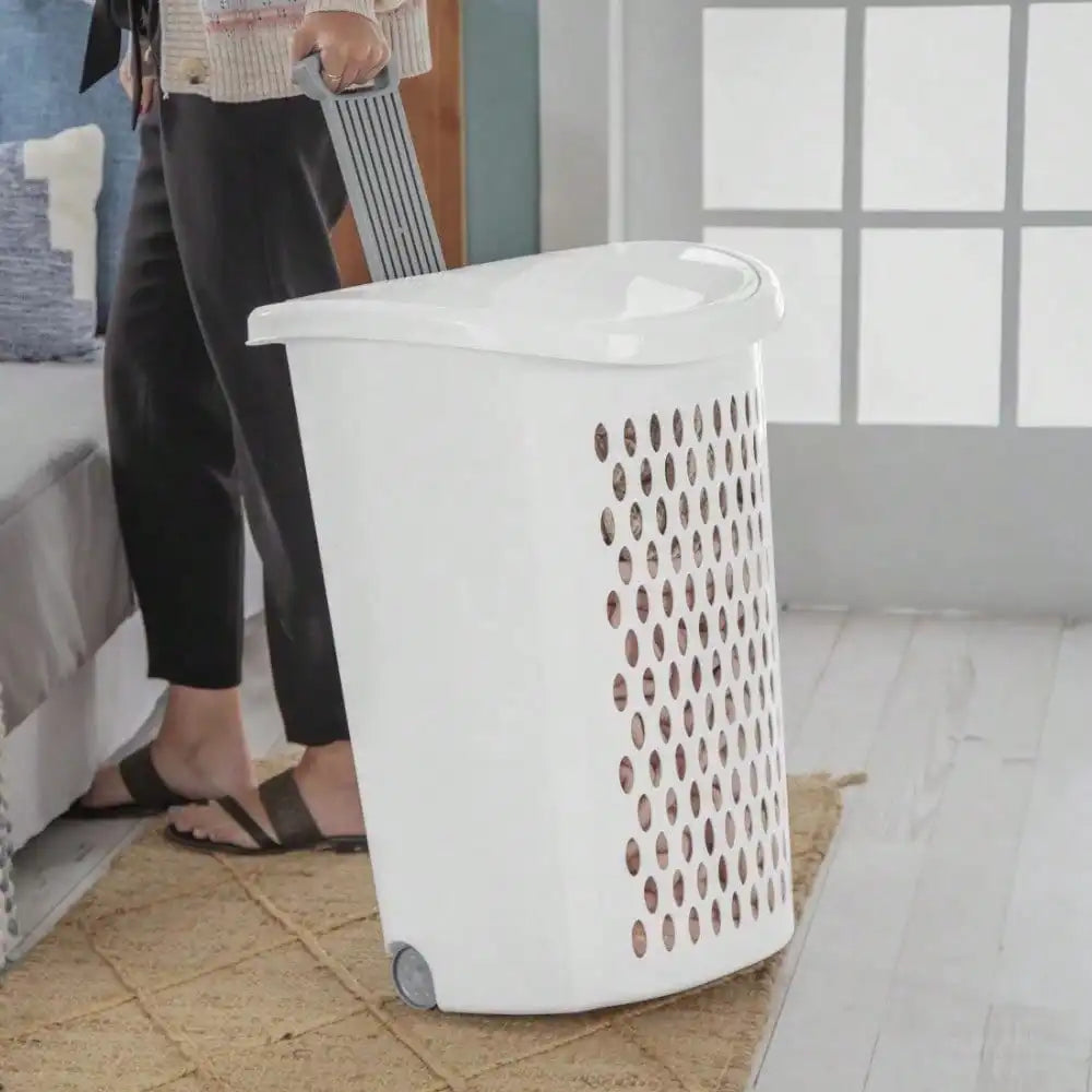 Plastic Wheel Laundry Basket With Flip Design And Wheels For Dirty Clothes Storage And Transport