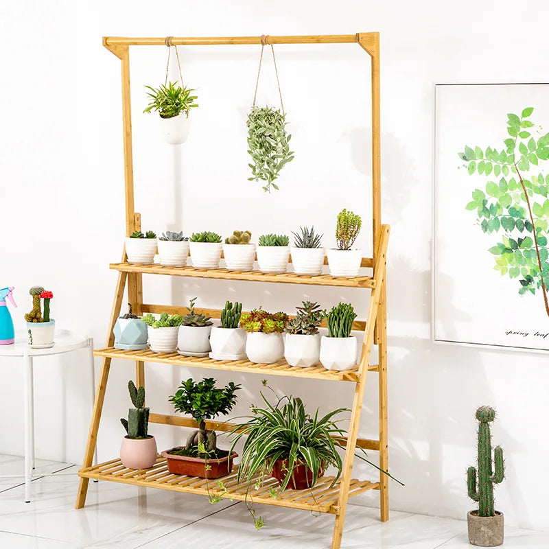 3 Tier Folding Bamboo Hanging Plant Stand Rack Indoor Outdoor Multi Use Greenhouse