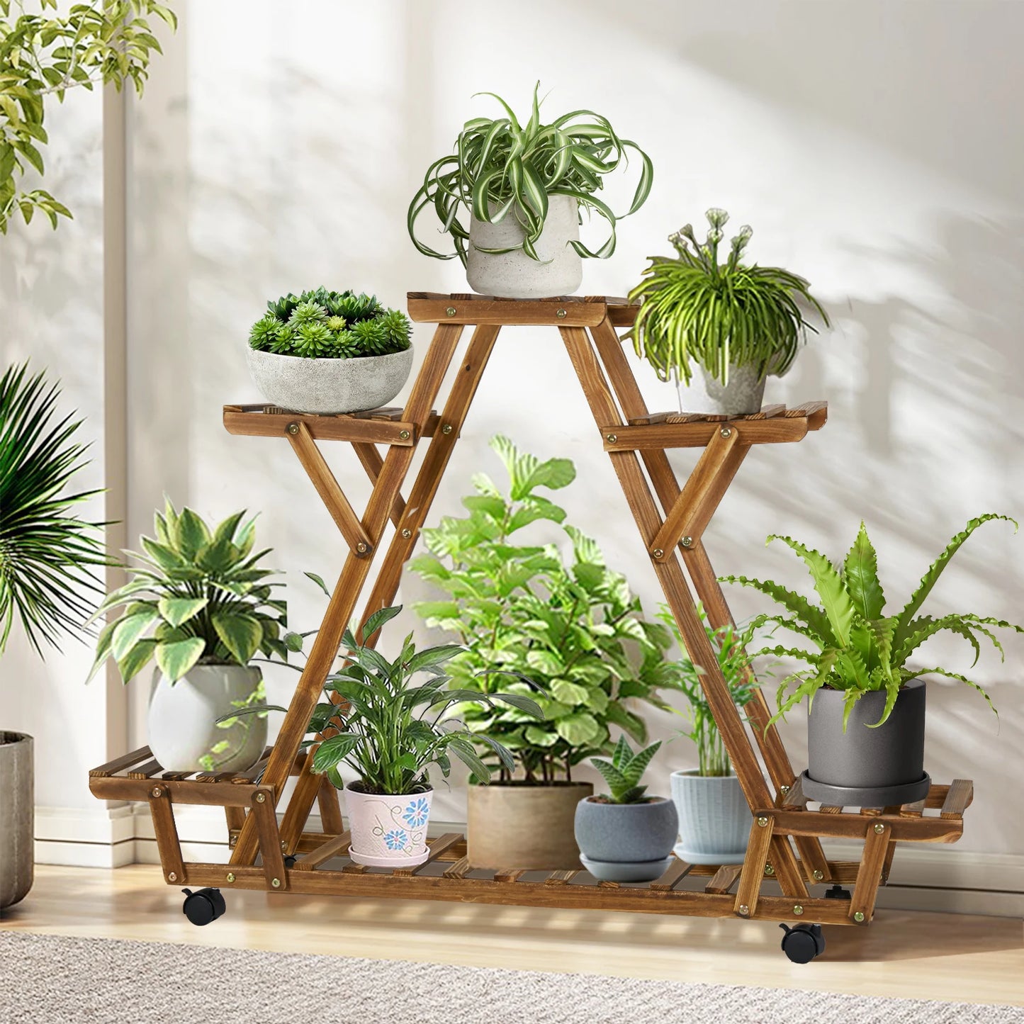 Movable Wood Plant Stand Triangular Shelf Flower Pot Storage Holder Garden Display Shelving Rack Outdoor Indoor 6 Tier