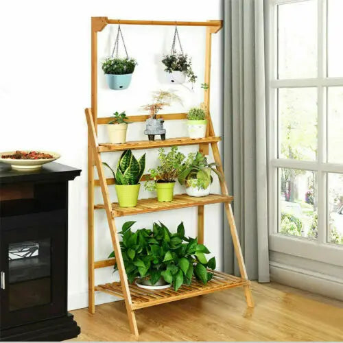 3 Tier Folding Bamboo Hanging Plant Stand Rack Indoor Outdoor Multi Use Greenhouse