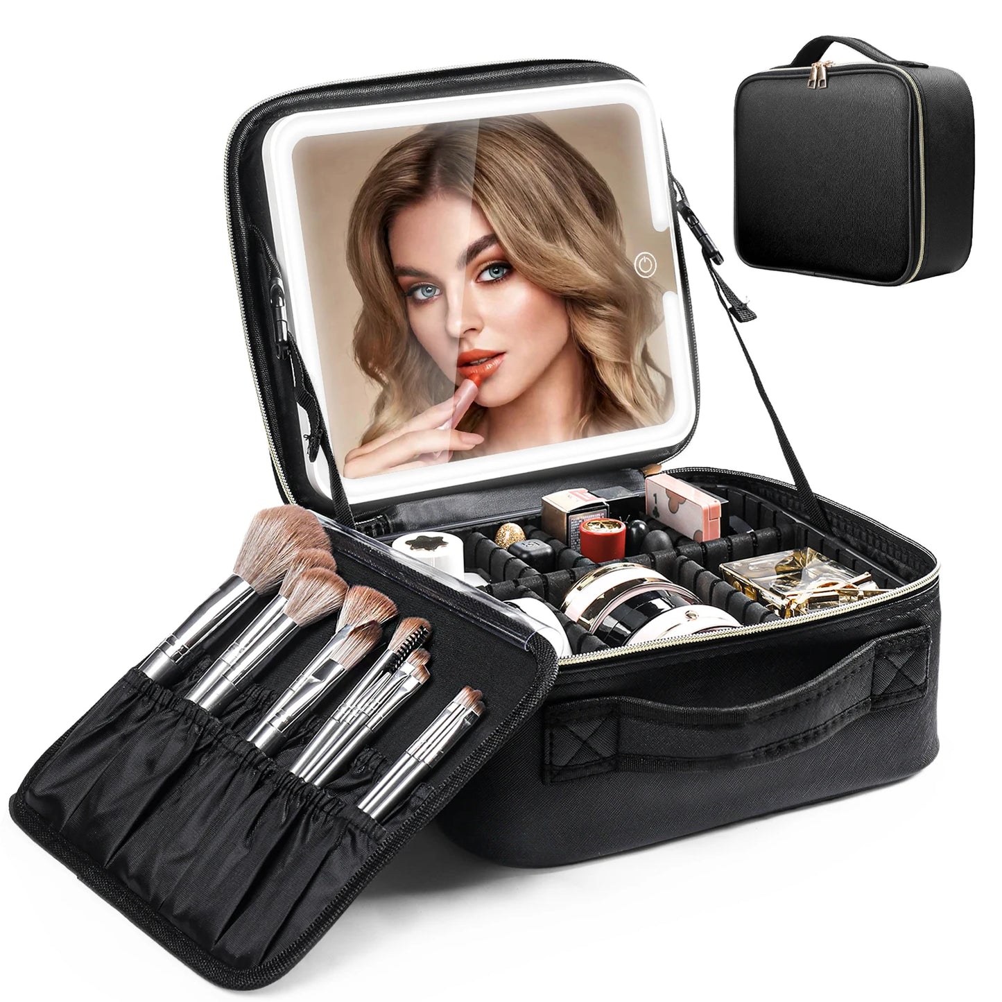 Travel Makeup Bag With LED Lighted Mirror Makeup Train Case With Adjustable Dividers For Home Gift Vacation
