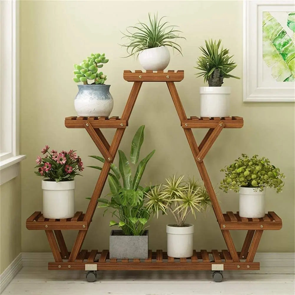 Movable Wood Plant Stand Triangular Shelf Flower Pot Storage Holder Garden Display Shelving Rack Outdoor Indoor 6 Tier
