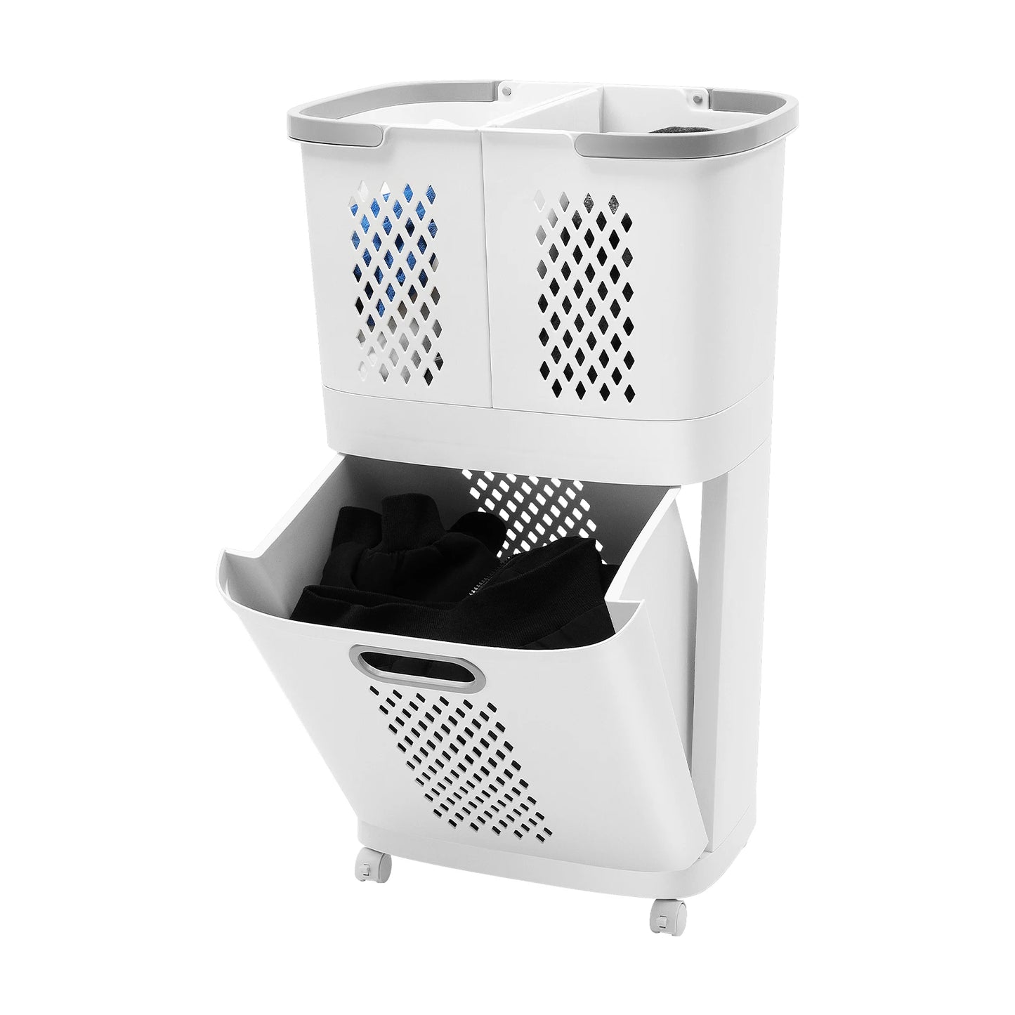 Movable Household Laundry Basket Two Tier Laundry Hamper Basket Sorter with Wheels and Handle Large Hand Held Laundry Basket Storage
