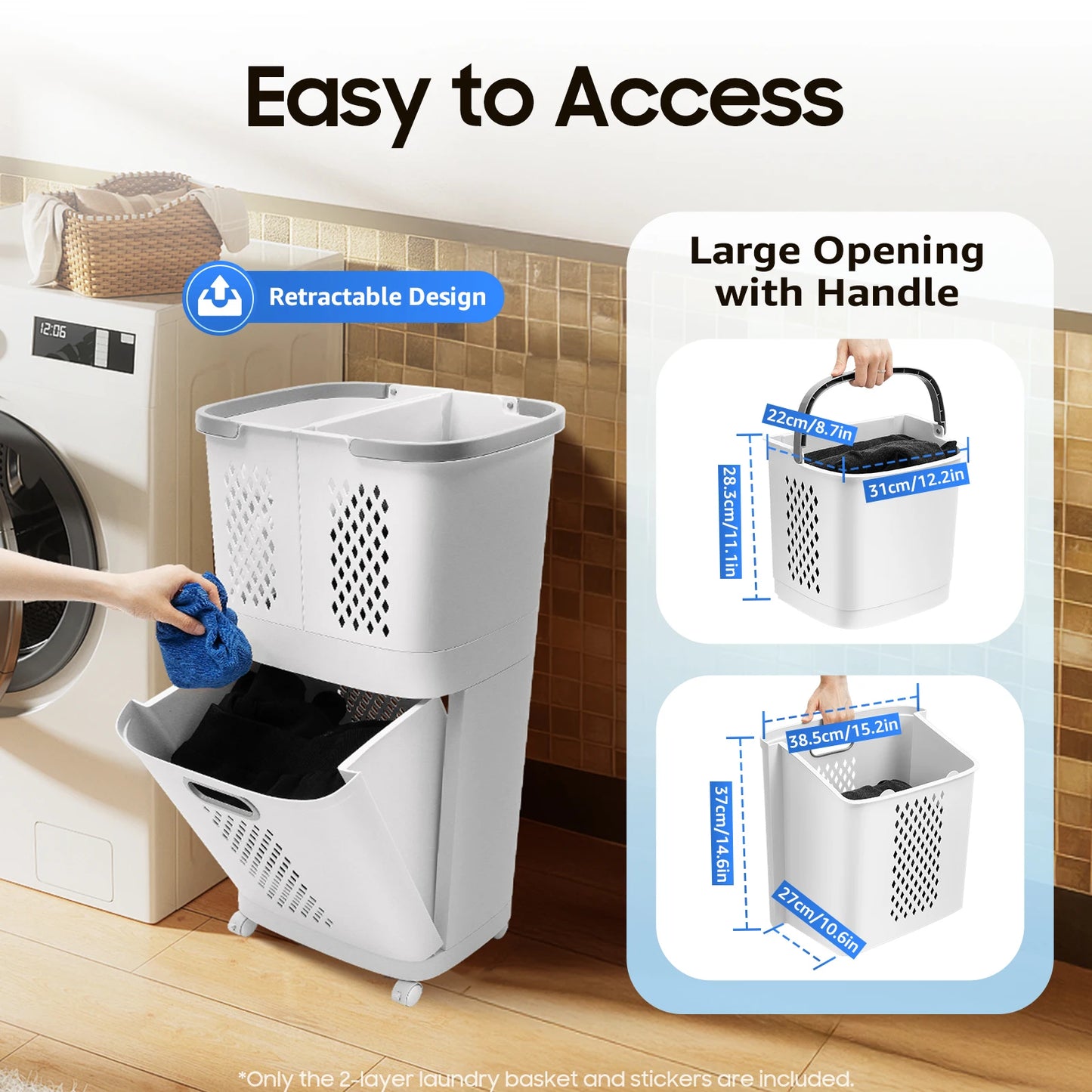 Movable Household Laundry Basket Two Tier Laundry Hamper Basket Sorter with Wheels and Handle Large Hand Held Laundry Basket Storage