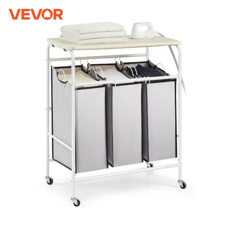 Vevor 3/4 Section Laundry Sorter Cart With Ironing Board Rolling Laundry Hamper For Clothes Storage