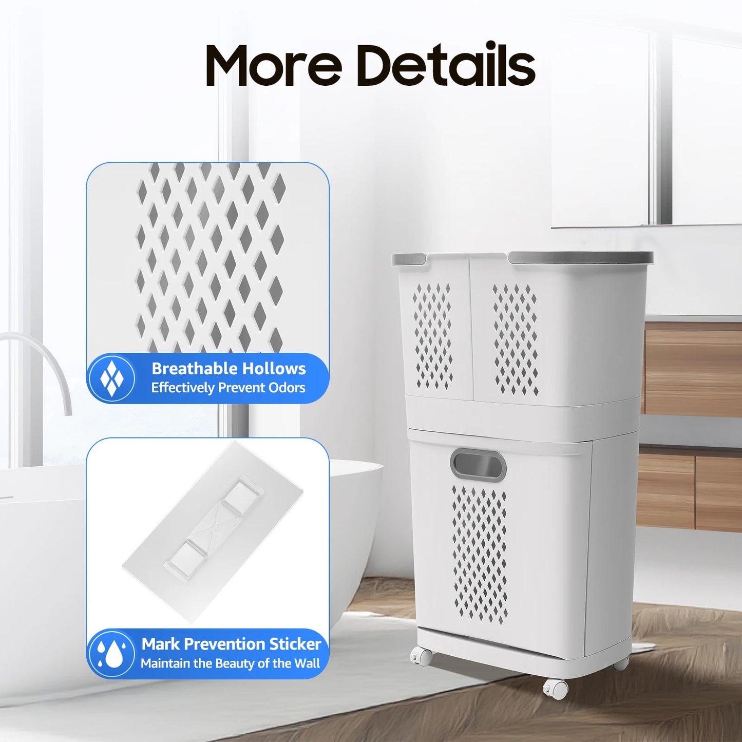 Movable Household Laundry Basket Two Tier Laundry Hamper Basket Sorter with Wheels and Handle Large Hand Held Laundry Basket Storage