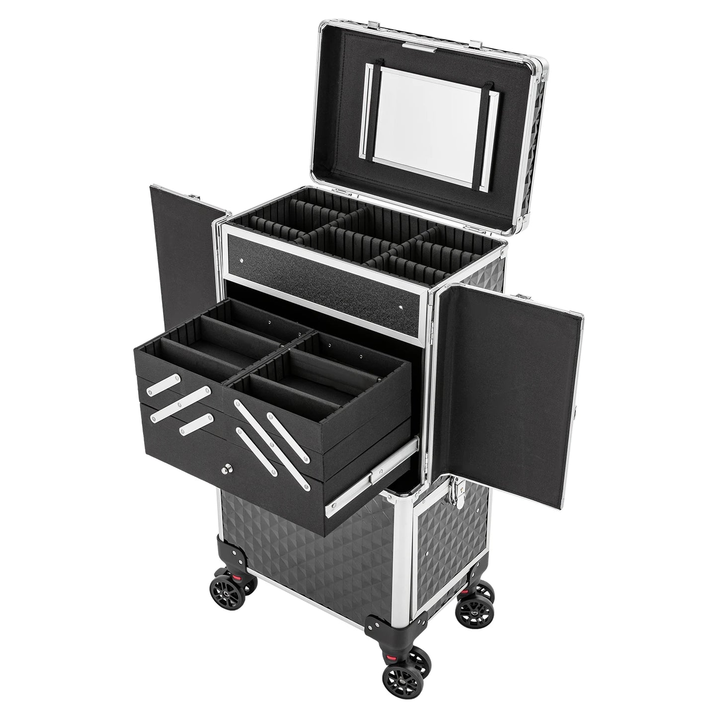 Portable Rolling Makeup Case with Adjustable Trolley Bar Sturdy Hinges Spacious Storage Ideal for Beauty Professionals