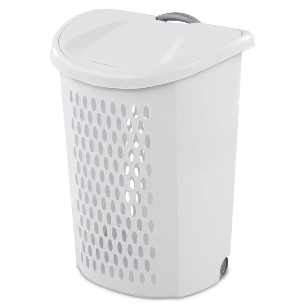Set of 2 Ultra Wheeled Laundry Hampers White Plastic 20x15x26 Storage Solution with Easy Grip Handles and Flip Top