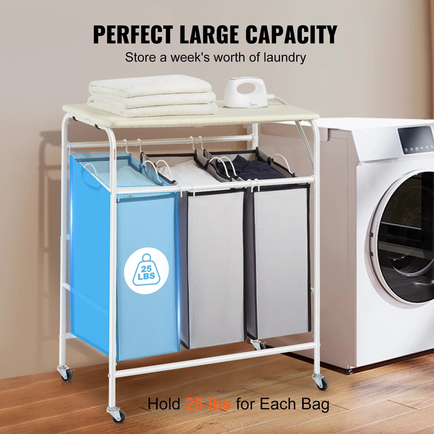Vevor 3/4 Section Laundry Sorter Cart With Ironing Board Rolling Laundry Hamper For Clothes Storage