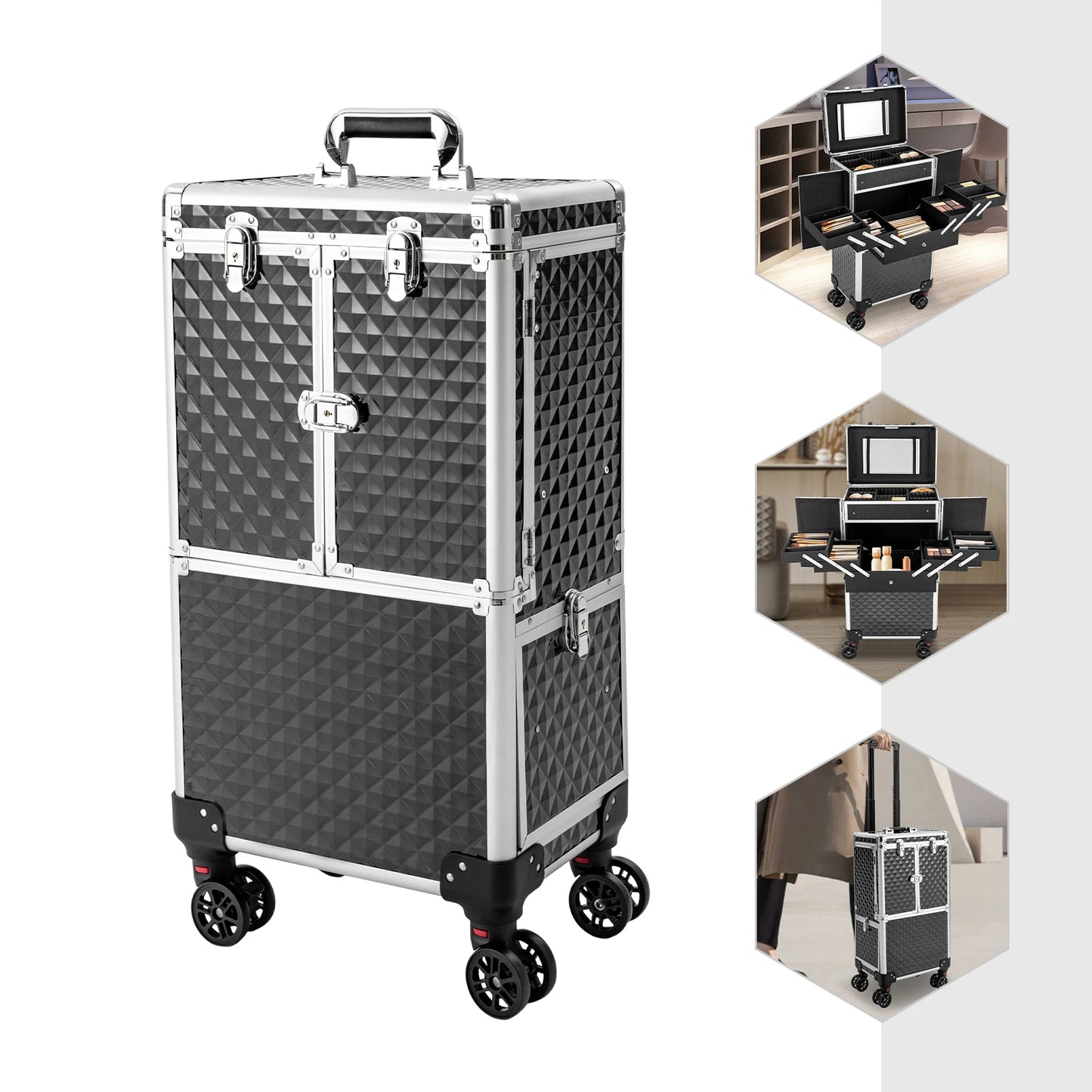 Portable Rolling Makeup Case with Adjustable Trolley Bar Sturdy Hinges Spacious Storage Ideal for Beauty Professionals