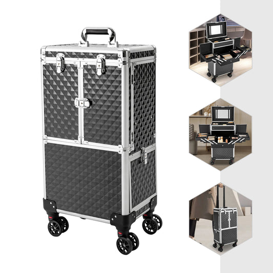 Portable Rolling Makeup Case with Adjustable Trolley Bar Sturdy Hinges Spacious Storage Ideal for Beauty Professionals