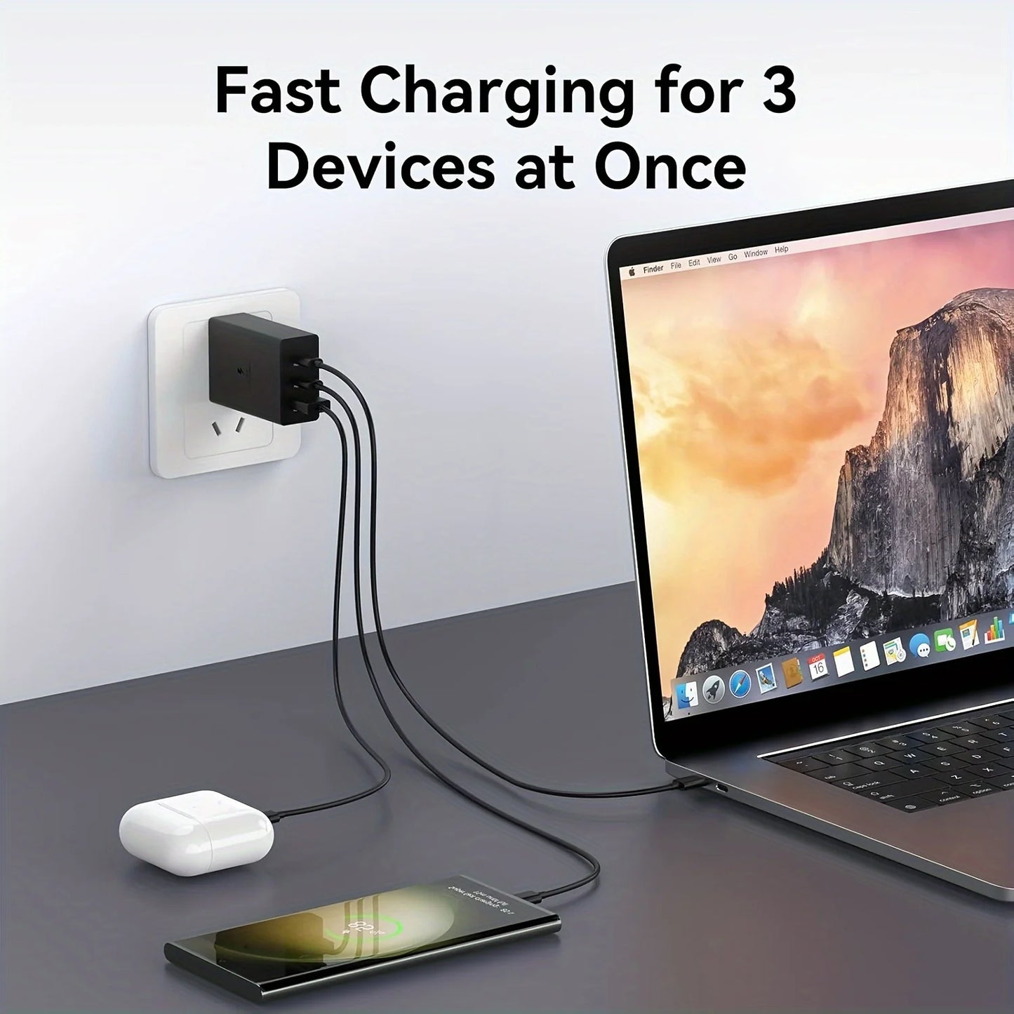 65W USB C Charger 3 Ports Travel GaN Charger With 6.6FT Type C Cable For iPhone 16 15 15 Pro 15 Pro Max 15 Plus iPad Laptop