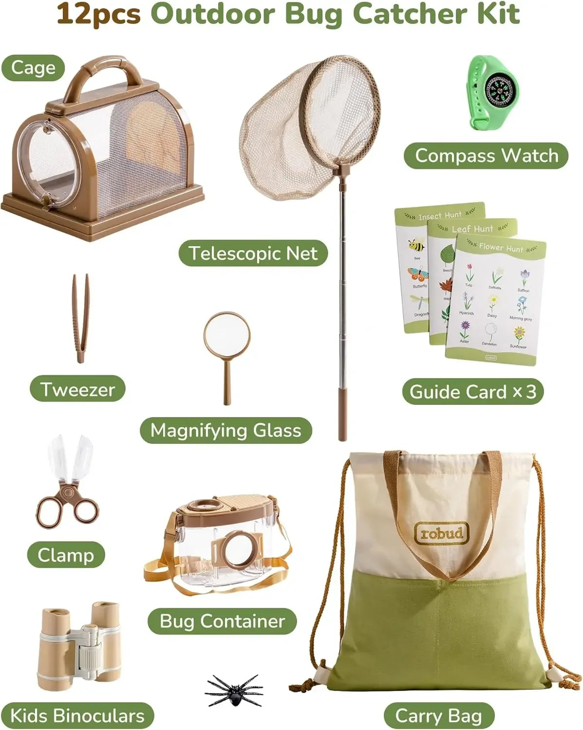 Robud Upgraded Kids Explorer Kit Green Outdoor Exploration Set for Camping Montessori Toy for Kids WRP30