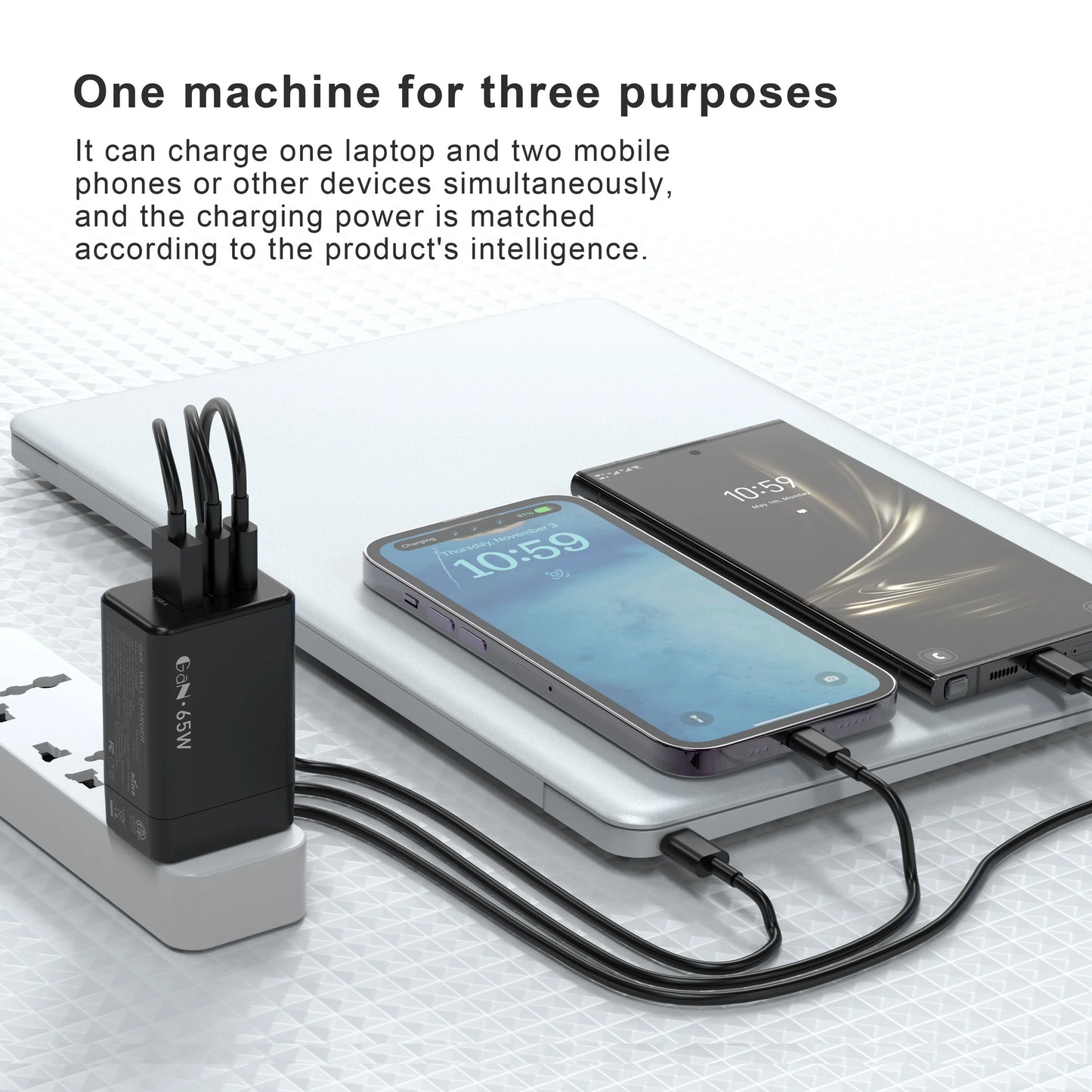 65W USB C Charger 3 Ports Travel GaN Charger With 6.6FT Type C Cable For iPhone 16 15 15 Pro 15 Pro Max 15 Plus iPad Laptop