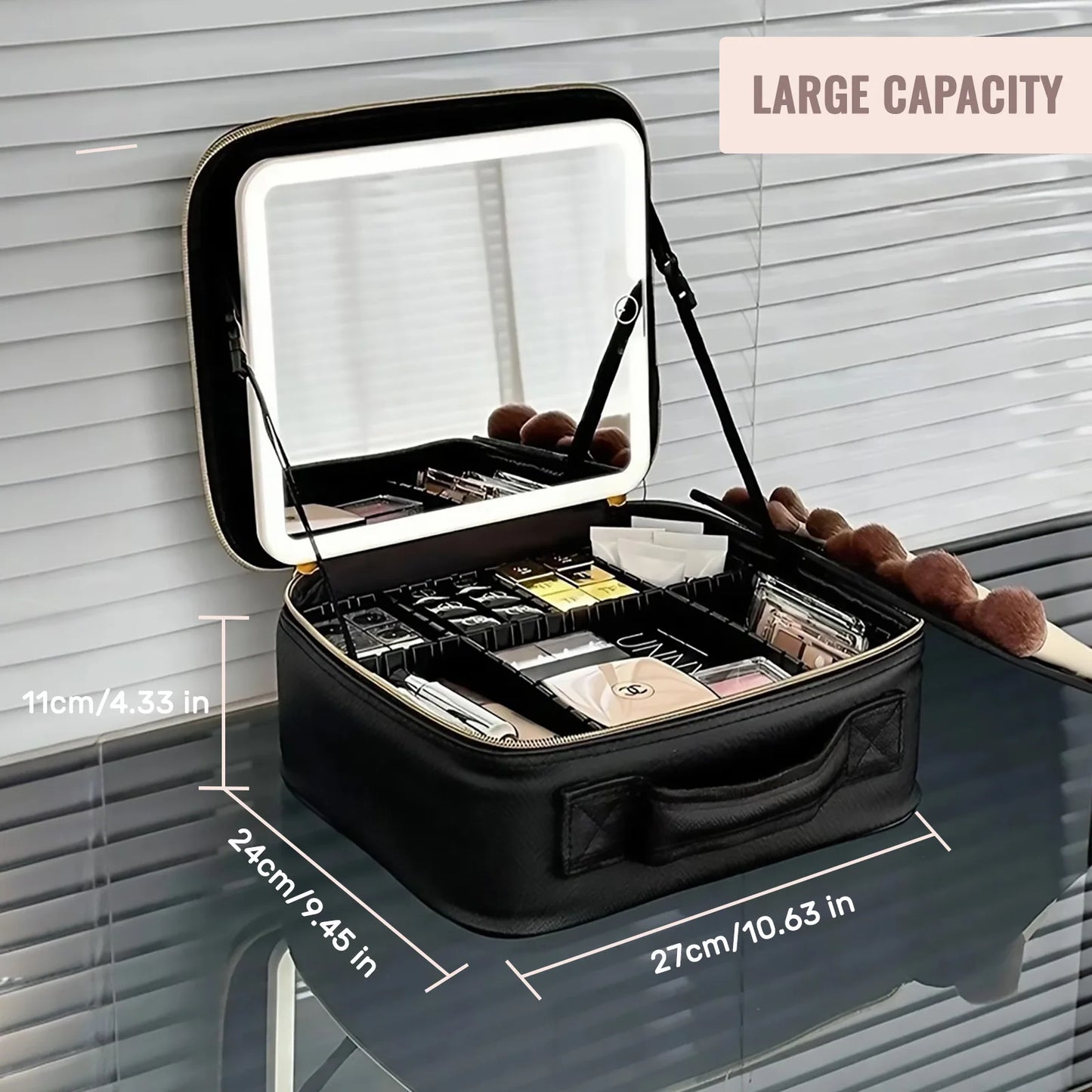 Travel Makeup Bag With LED Lighted Mirror Makeup Train Case With Adjustable Dividers For Home Gift Vacation