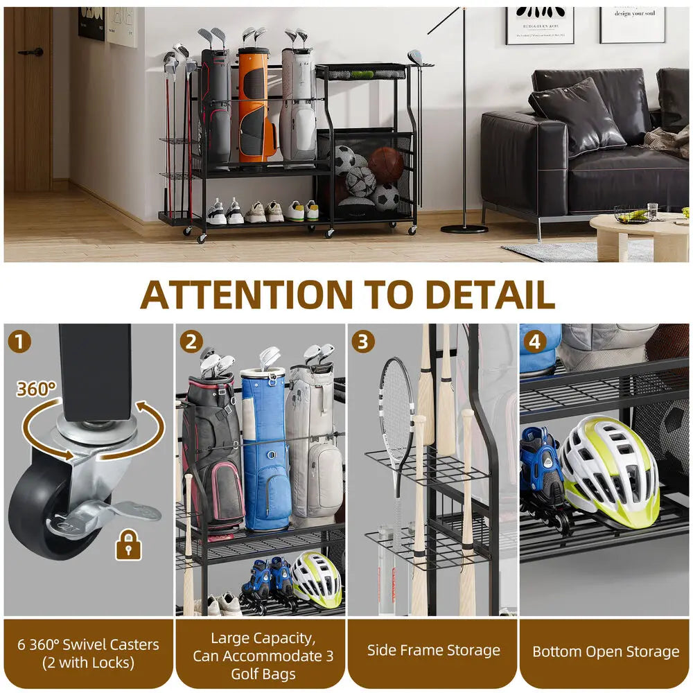 3 Golf Bag Stand Holder Organizer with Wheels for Garage Sports Accessories Rack