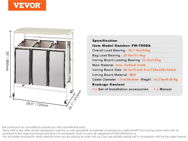 Vevor 3/4 Section Laundry Sorter Cart With Ironing Board Rolling Laundry Hamper For Clothes Storage