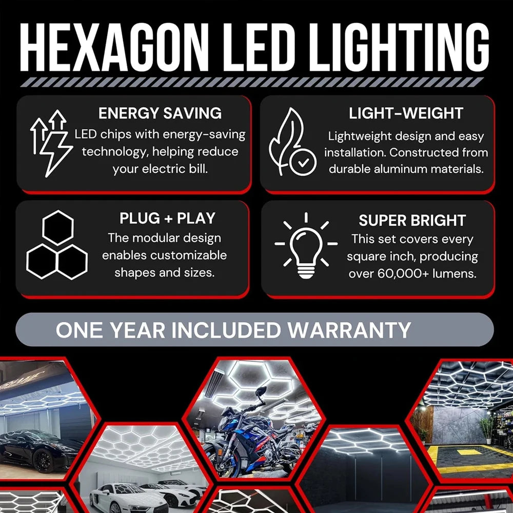 Honeycomb Hex Light Hexagon LED Lighting for Garage Workshop Car Wash Beauty Station Office Shipped from US
