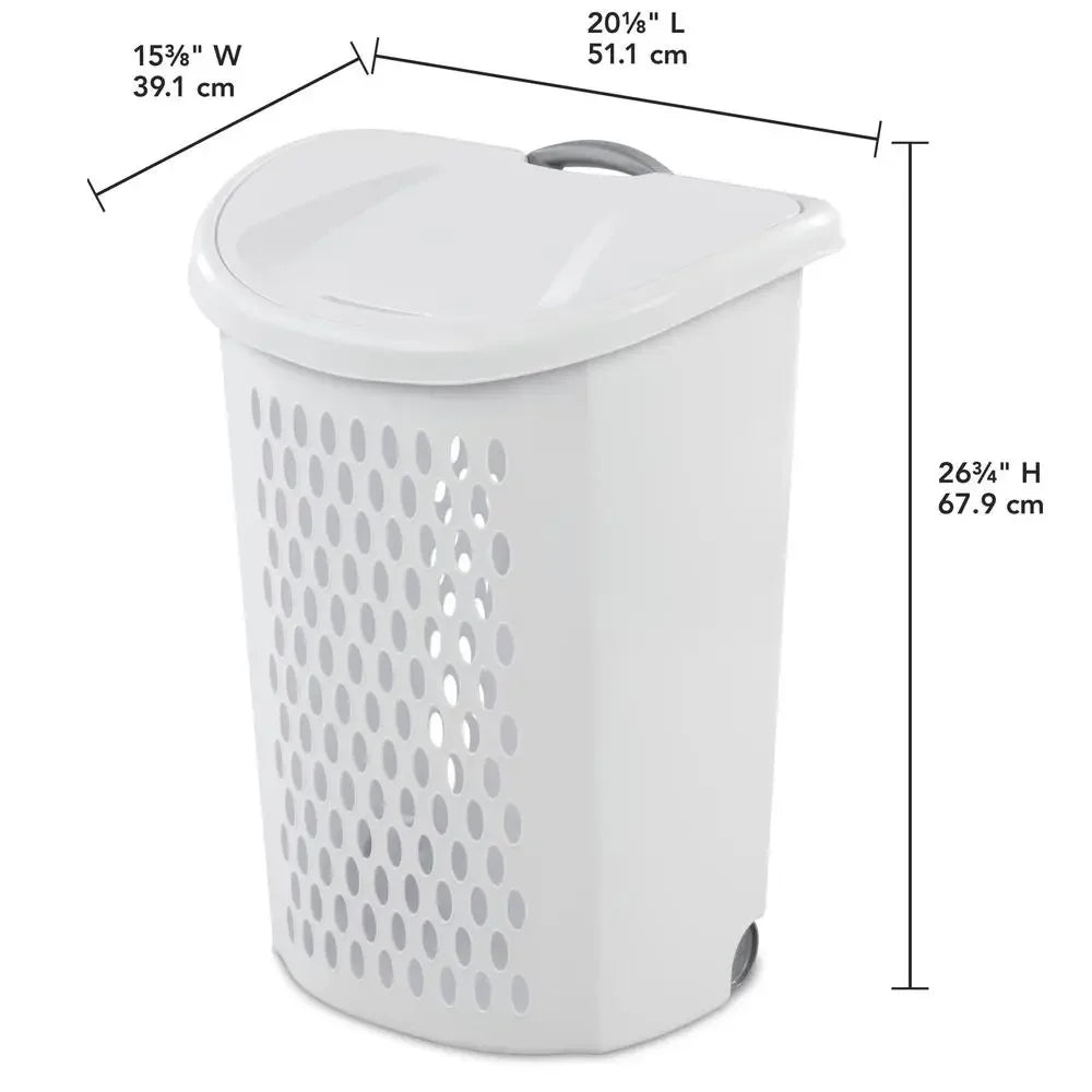 Set of 2 Ultra Wheeled Laundry Hampers White Plastic 20x15x26 Storage Solution with Easy Grip Handles and Flip Top