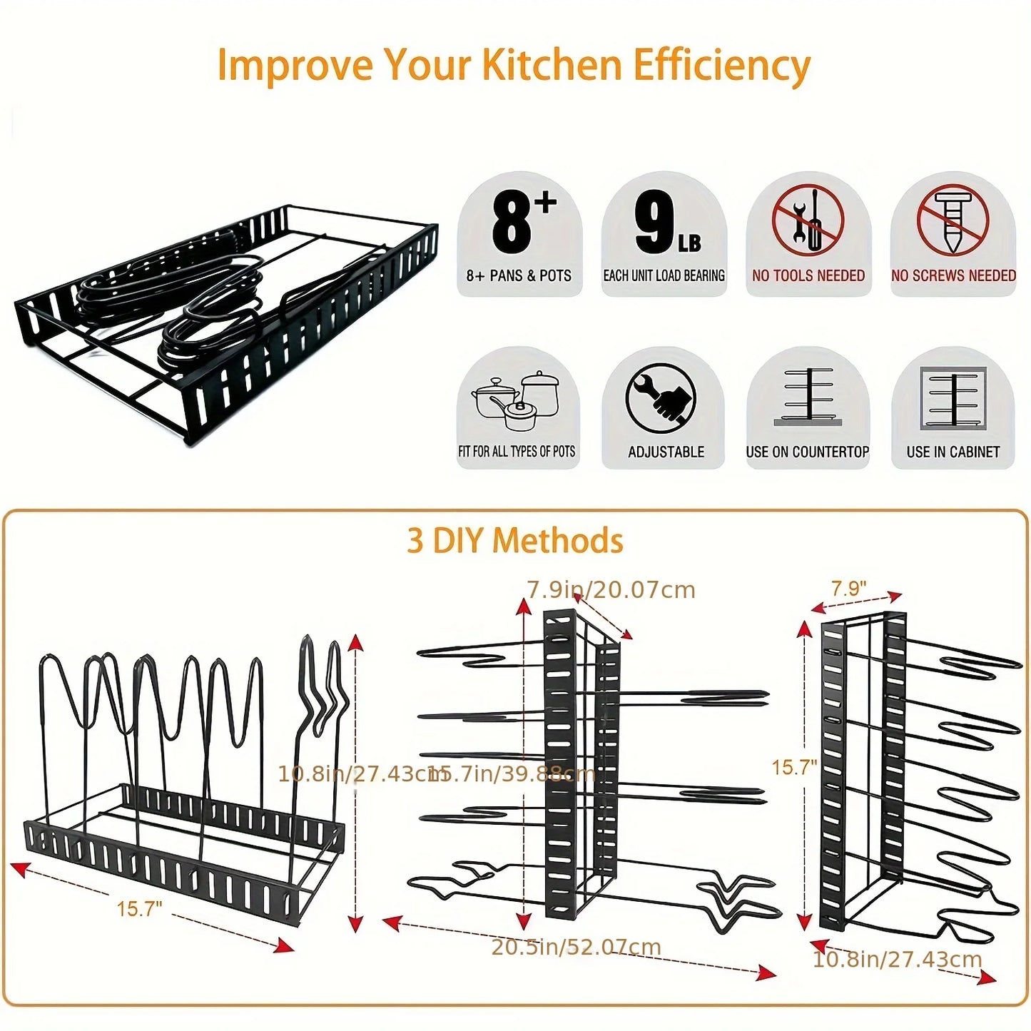 2 Pack Pot Rack Organizers Adjustable Kitchen Organization Storage Rack Pot Lid Holders Pan Rack