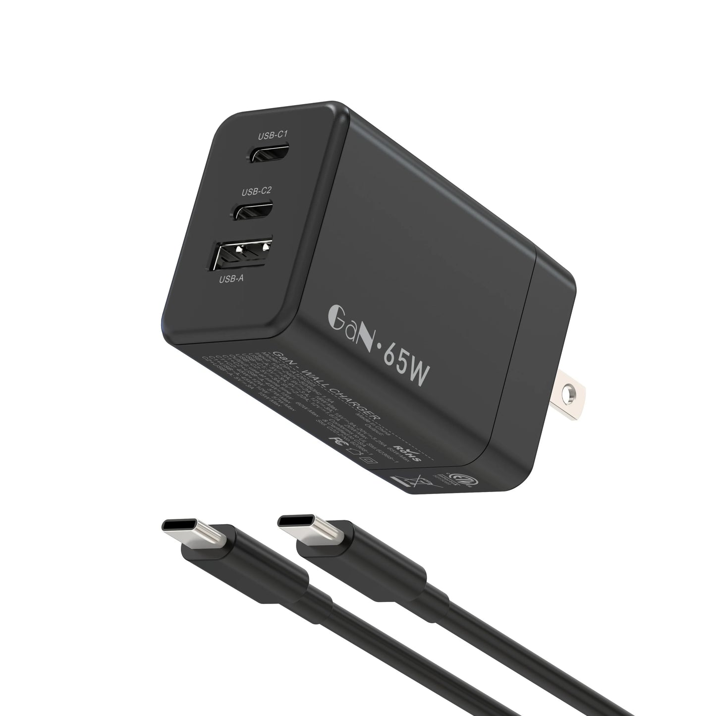 65W USB C Charger 3 Ports Travel GaN Charger With 6.6FT Type C Cable For iPhone 16 15 15 Pro 15 Pro Max 15 Plus iPad Laptop