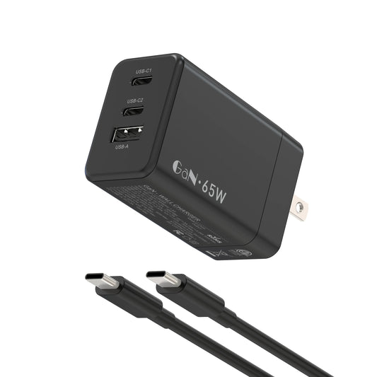 65W USB C Charger 3 Ports Travel GaN Charger With 6.6FT Type C Cable For iPhone 16 15 15 Pro 15 Pro Max 15 Plus iPad Laptop