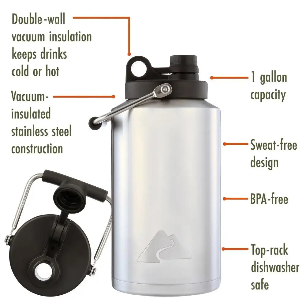 Stainless Steel Water Jug 128 Ounce Insulated BPA Free Lid Outdoor Adventure for Adults and Teens