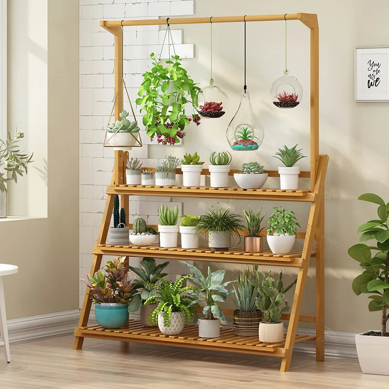 3 Tier Folding Bamboo Hanging Plant Stand Rack Indoor Outdoor Multi Use Greenhouse