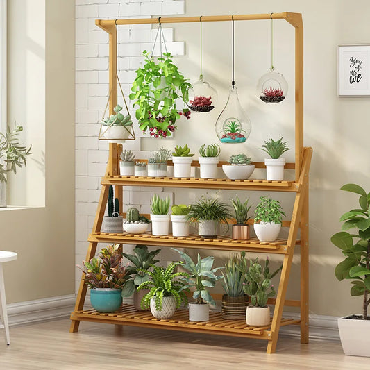3 Tier Folding Bamboo Hanging Plant Stand Rack Indoor Outdoor Multi Use Greenhouse