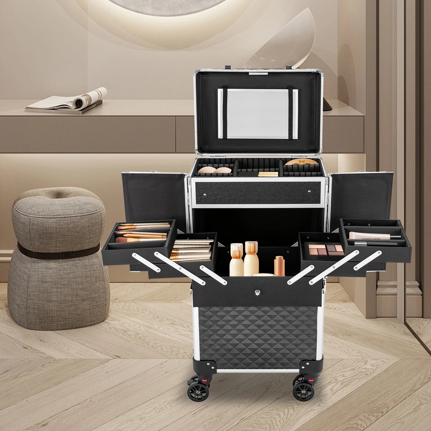 Portable Rolling Makeup Case with Adjustable Trolley Bar Sturdy Hinges Spacious Storage Ideal for Beauty Professionals