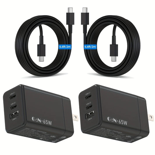 65W USB C Charger 3 Ports Travel GaN Charger With 6.6FT Type C Cable For iPhone 16 15 15 Pro 15 Pro Max 15 Plus iPad Laptop